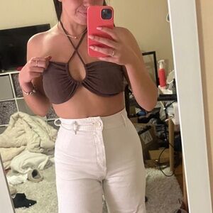 Garage Brown Crop Halter Tie Top